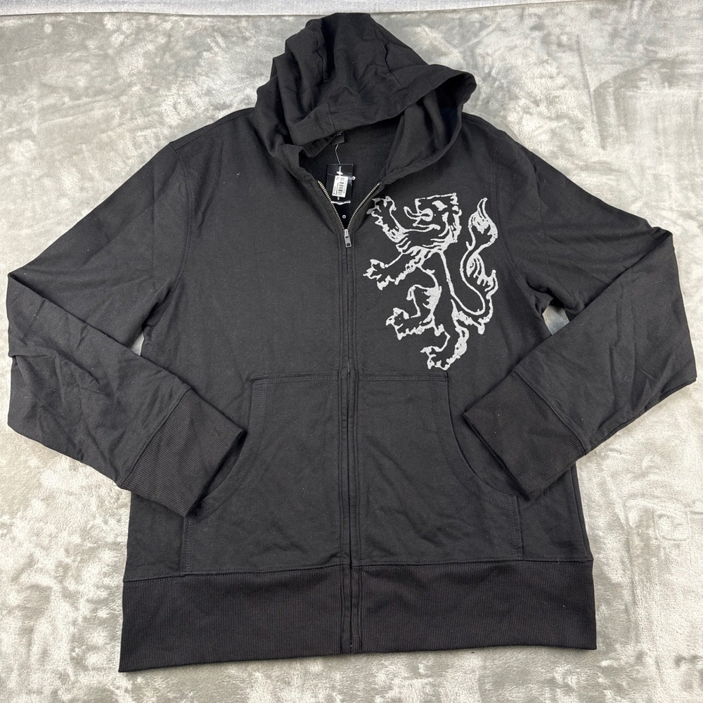 INC Hoodie Mens L Black Diamond Black Gothic Skull Lion Rhinestone NEW